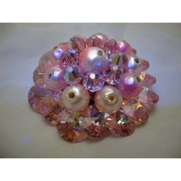 Vintage Jewelry Pink AB Crystal Faux Pearl Brooch Pin Sparkle - Picture 1 of 3
